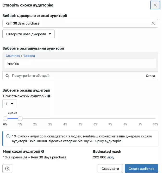 Пример создания похожей аудитории